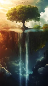 Floating life tree divides sunlit sky from mystic abyss.