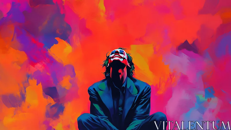 Laughing figure in a storm of electric sunset colors.