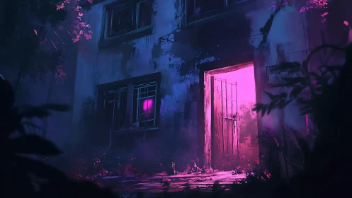 Neon doorway glowing softly in the heart of a forgotten home.