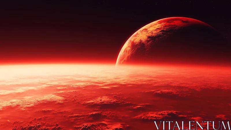 Crimson horizons quietly cradle a half-lit alien world