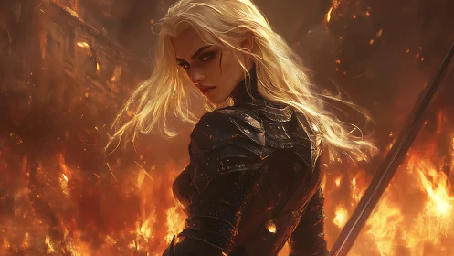 Sword-lit embers crown the silver-haired warrior in flame
