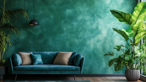 Emerald-toned living room with velvet sofa and dense indoor foliage