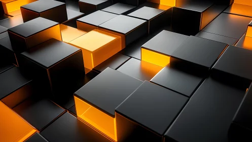 Geometric Black Cubes with Glowing Orange Light, Futuristic Style.