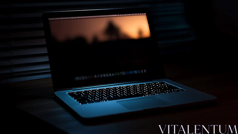 Backlit laptop in low key office lighting with bokeh screen.