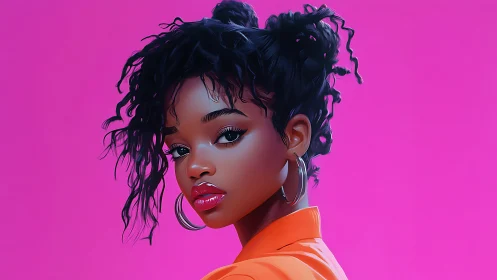 Radiant young woman in bright orange against vivid pink.