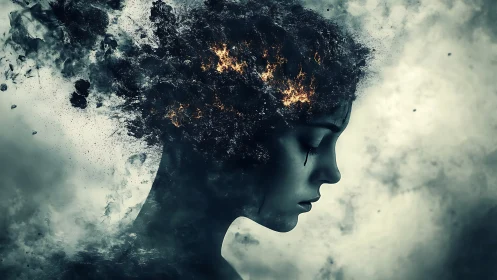 Shattered silhouette with burning thoughts in smoky void.