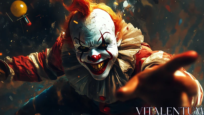 Sinister clown figure lunging forward with outstretched hand.