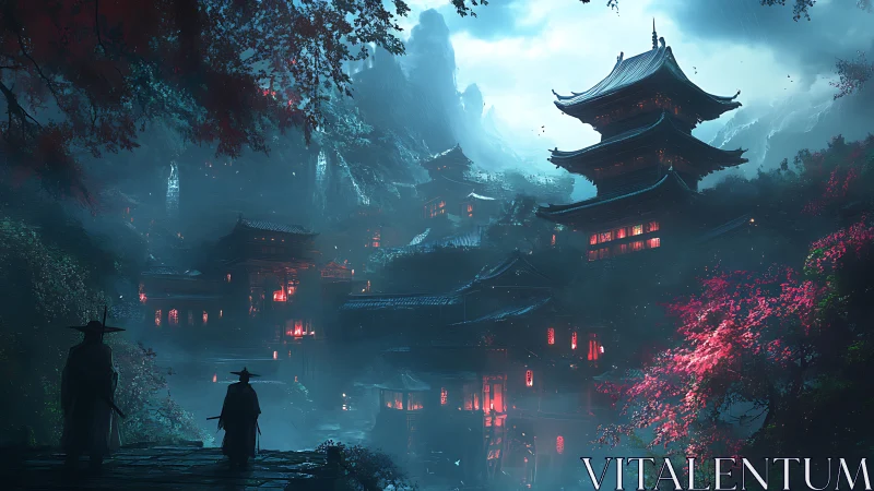 Samurai overlook misty lantern-lit mountain temple city