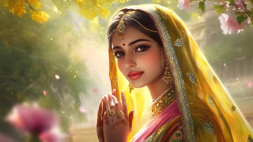 Digital portrait shows woman in ornate yellow veil outdoors