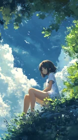 Solitary girl on sunlit cliff framed by vibrant summer sky.