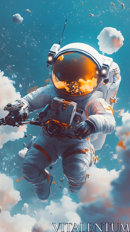 Digital astronaut drifting through stylized floating clouds.