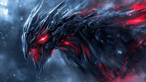 Cybernetic dragon head emerges in high-contrast red glare
