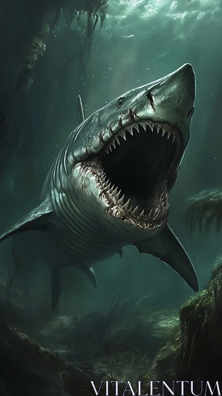 Predatory shark lunges upward through murky green depths