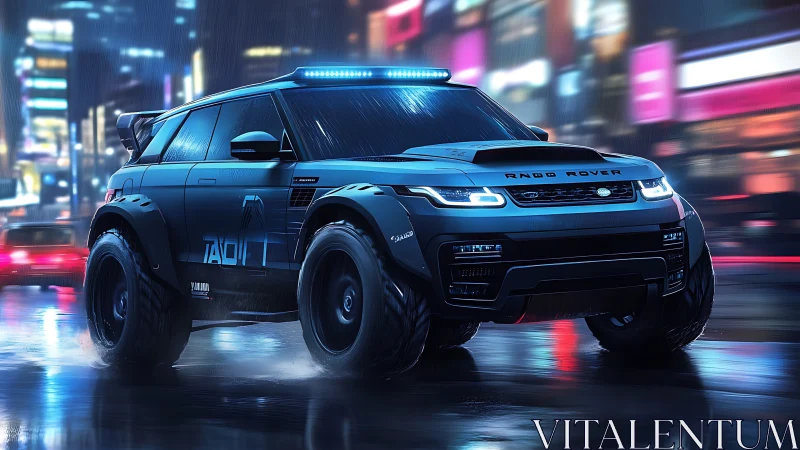 Futuristic off-road SUV rendered with neon-lit wet-surface reflections