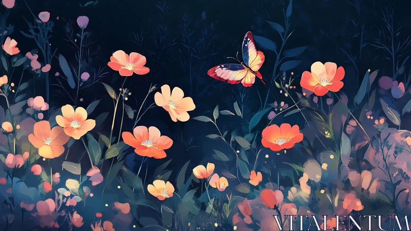 Luminous Nocturnal Garden with Butterfly Migration.