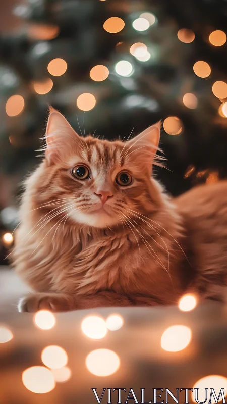 Warm-toned feline portrait uses shallow depth and festive bokeh