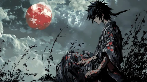 Solitary anime warrior studies blood-red planetary moon under storm