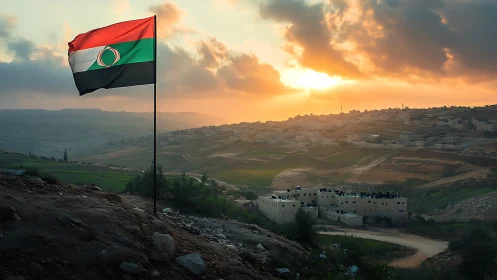 Tricolor hilltop flag overlooks rural settlement at sunset