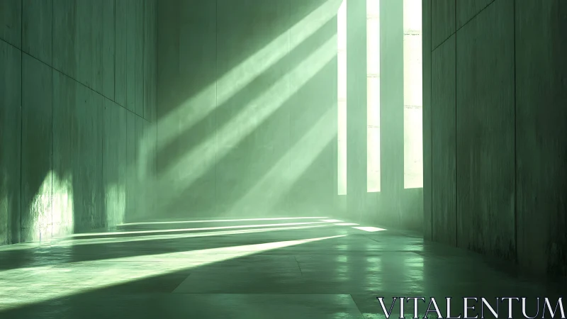 Volumetric light slicing a monolithic green concrete hall.