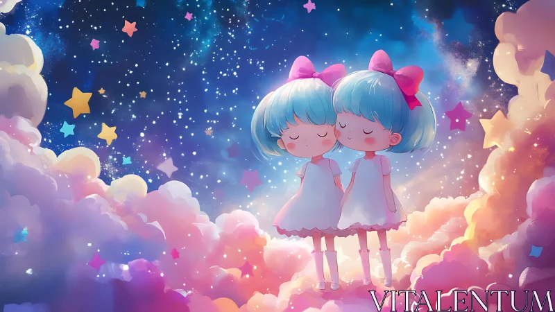 Twin girls in pastel clouds under starry night sky.