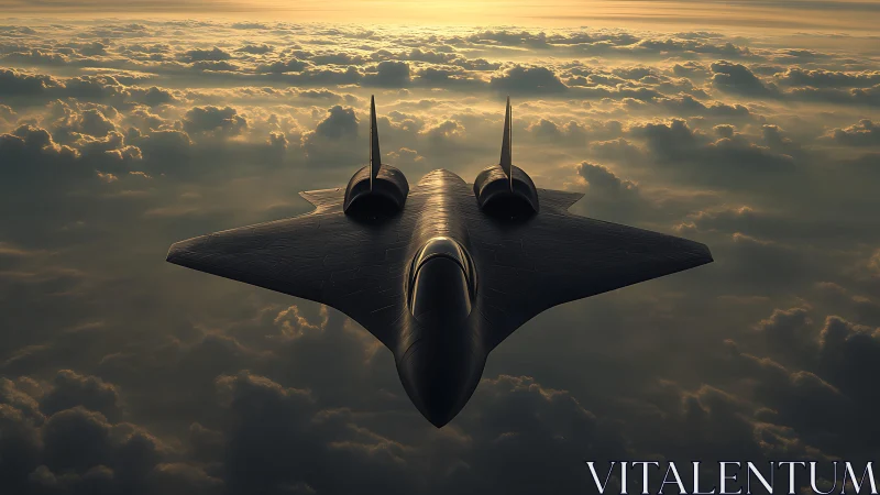 Sleek black jet glides above glowing clouds at golden sunset