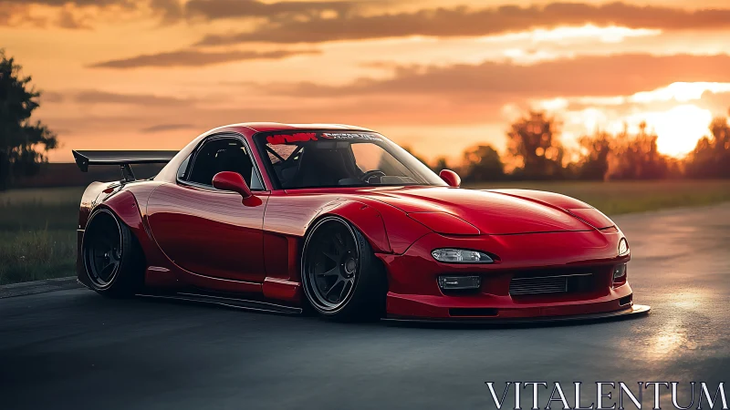 Lowered red sports coupe on empty track at sunset.