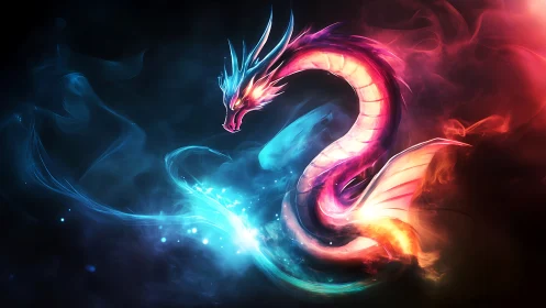 Serpentine dragon glows in blue and red neon light