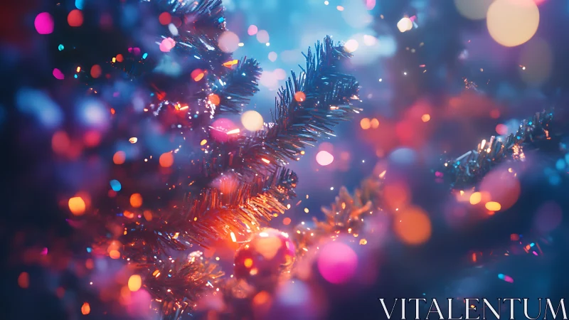 Holiday tree branches glow amid colorful defocused lights