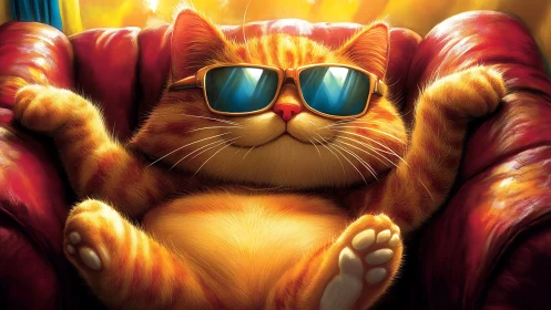 Cool Cat Relaxing on Red Velvet Couch with Sunglasses.