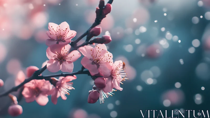 Cherry blossom branch exhibiting precise pink petals with intricate stamens and bokeh rendering