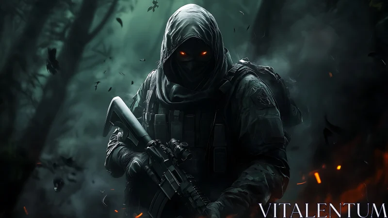 Hooded tactical soldier with glowing eyes in burning forest.
