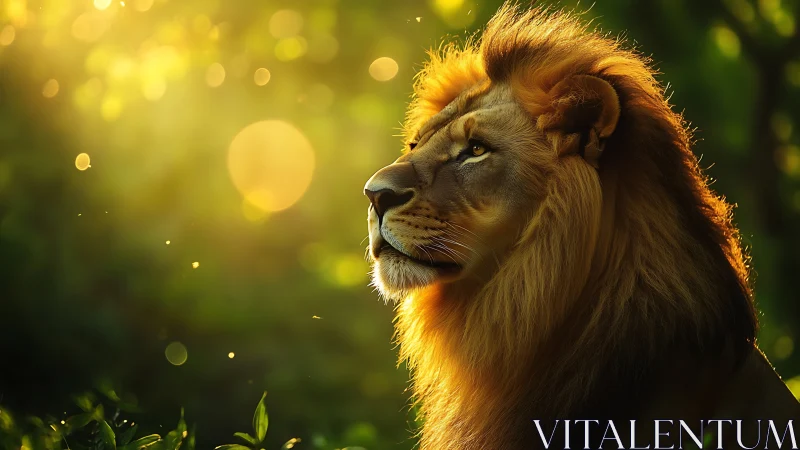 Backlit lion portrait with shallow depth of field and warm bokeh