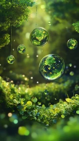 Floating forest orbs shimmer in sunlit emerald haze.