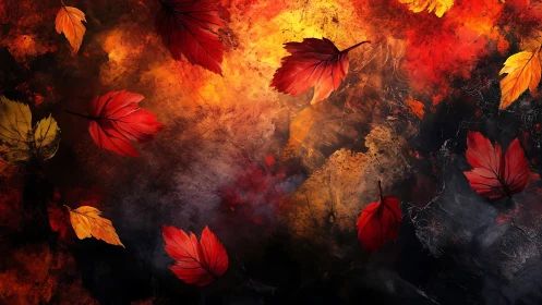 Falling autumn leaves disperse across a textured fiery background