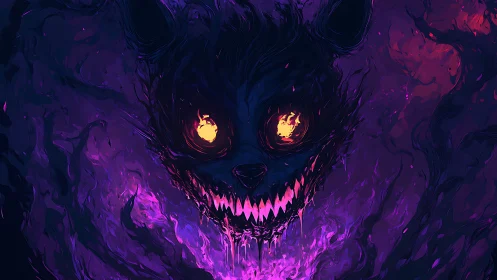 Demonic neon cat spirit with burning eyes in purple void.