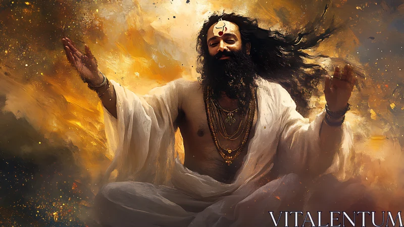 Seated robed figure with raised arms in abstract light field.