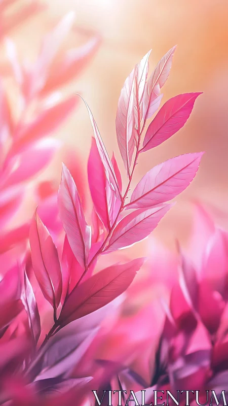 Pink-toned plant leaves are rendered with shallow focus