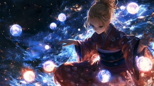 Celestial kimono mage weaving luminous cosmic spheres.