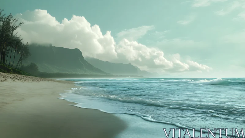 Photorealistic tropical shoreline with misted mountain backdrop.