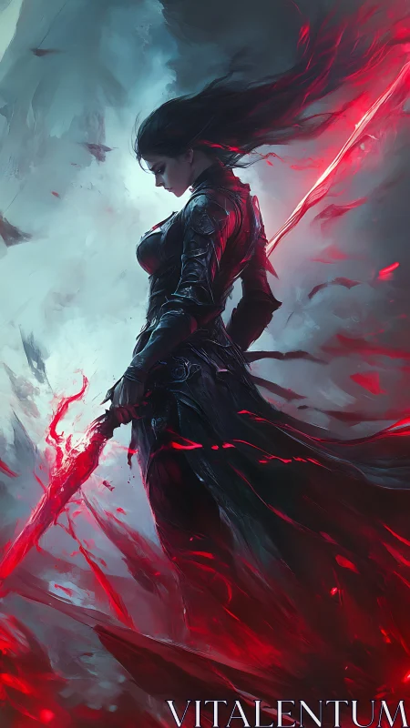 Armored sorceress with crimson energy blade in dynamic storm