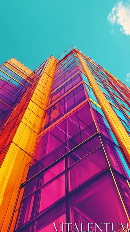 Neon glass skyscraper rises under clear cyan sky