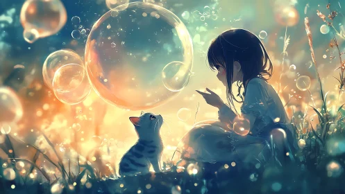 Luminous anime field vignette with child, cat and soap bubbles.