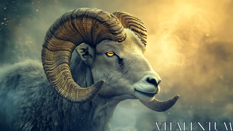 Horned sheep portrait in fog with directional warm light.