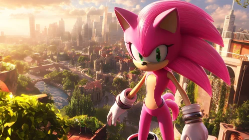 Pink hedgehog sentinel above sunlit eco-futurist cityscape.