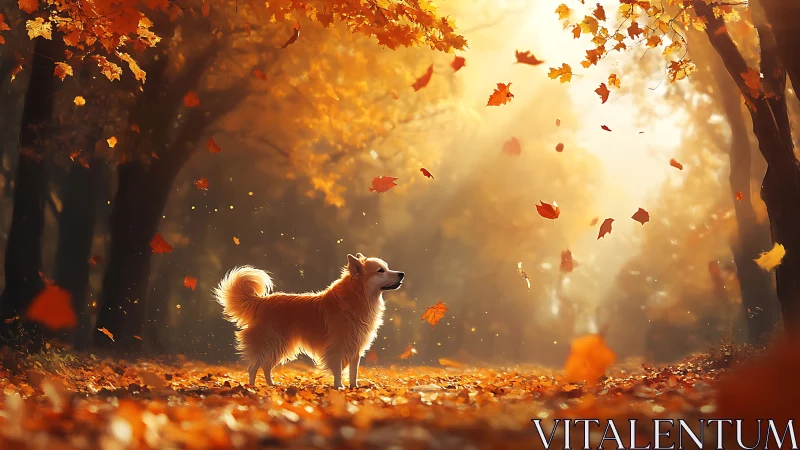 Golden dog pauses while autumn leaves whirl in sunlit air