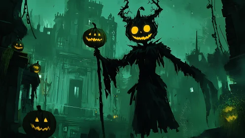 Pumpkin-headed scarecrow silhouette looms over ruined city