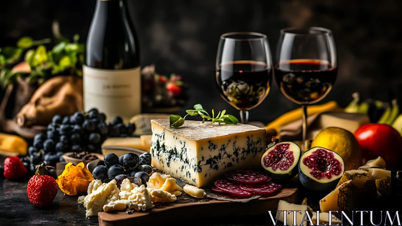 Gourmet cheese and red wine still life creates rustic indulgence
