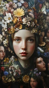 Floral-crowned girl amid baroque faces and dense blossoms.