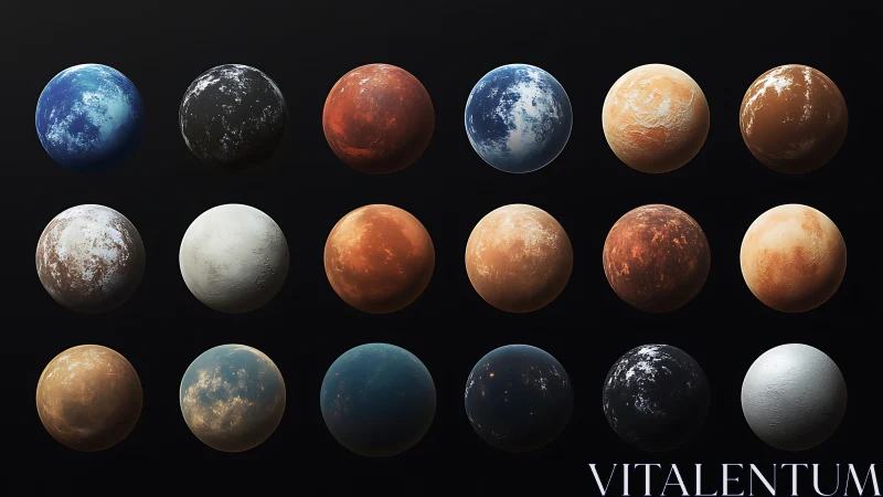Procedural exoplanet texture spheres on black studio background.