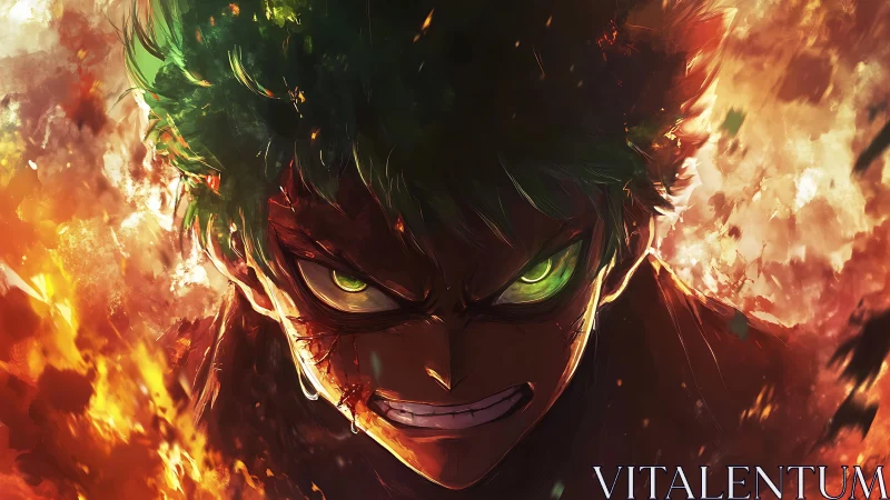 Fierce green-eyed hero rising through swirling fiery light.